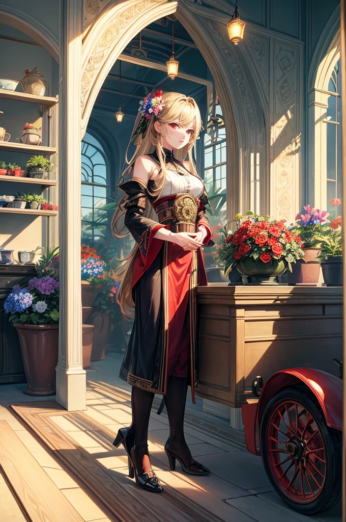 Extremely refined, Astonishing, Fine details, masterpiece, Super detailed, high resolution,Best Illustration, The best shadow,Wheels within wheels,Clear focus, high quality, 1 male, Solitary, blond. Red Eyes, Genshin Impact, Glass greenhouse, Potted flowers, Flowers for sale, Woman looking at flowers, Flowers everywhere