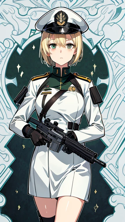 (best quality,high resolution),anime,female soldier,short blonde hair,white eyes,black patch over right eye,white top,green military cap,expressionless,wallpaper