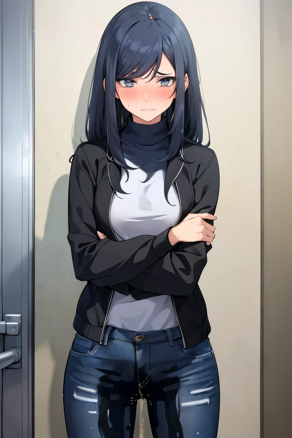 A woman with very long black hair and (very long bangs:1.5), wearing a stylish jacket and tight jeans, standing. The artwork is inspired by manga and incorporates a doujin style. The woman appears to be (wetting herself:1.5), which causes her to feel embarrassed and humiliated, resulting in a blush on her face. In addition, there is an air of anger in her expression. The lighting in the scene is moody, with a spotlight highlighting the woman's figure. She is crossing her arms, (arms crossed:1.5), fully showcasing her jeans., medium breasts