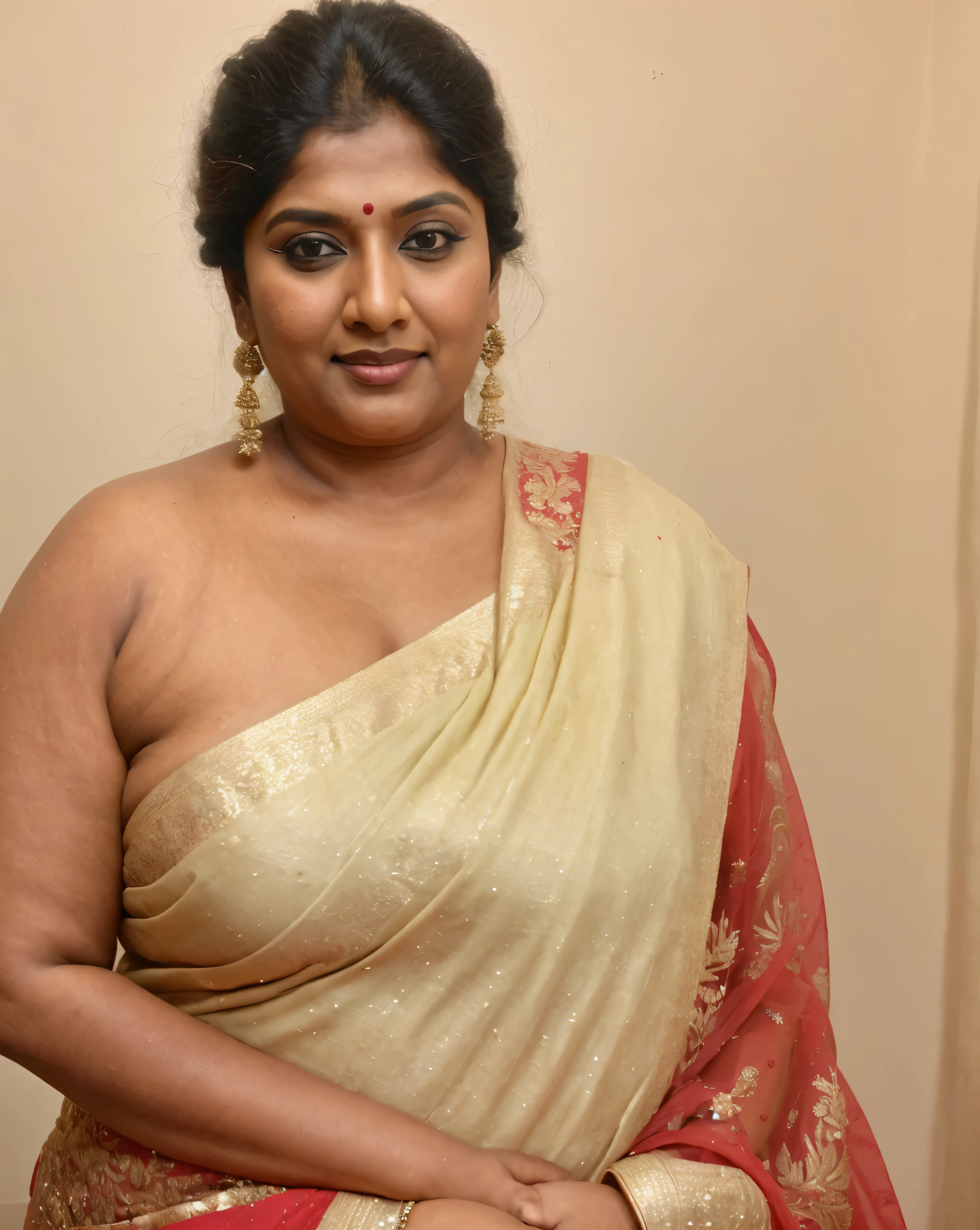 Looks like Indian Actress khushboo Sundar, actress khusbu Sundar, mallu, mallu aunty, desi aunty, full figured mature beauty, attractive figure, 50 years old, desi milf, desi aunty, a close up of a woman in a red dress in a bedroom, inspired by Avigdor Arikha, sleek!!!, indian super model, wavy hair combed to one side, actress, by Jitish Kallat, smoldering, intense smoldering, fashion, an angel, print ready, with a dramatic looking, inspired by Sudip Roy, seductive look