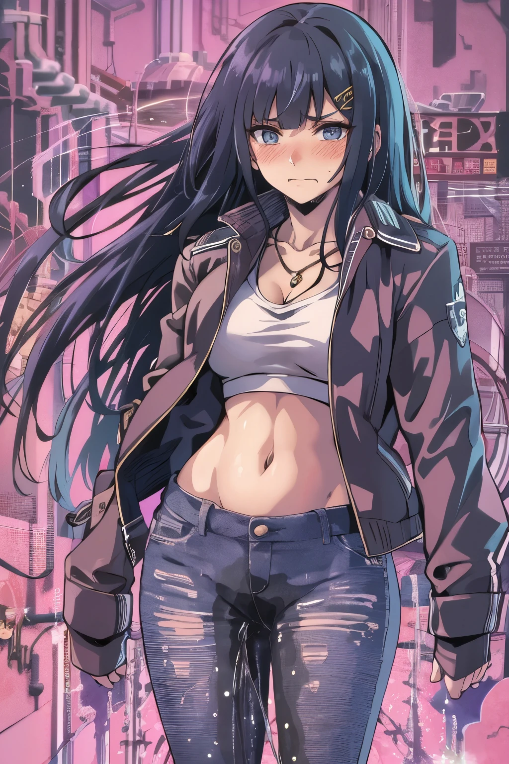 A woman with very long black hair and (very long bangs:1.5), wearing a stylish jacket and tight jeans, standing. The artwork is inspired by manga and incorporates a doujin style. The woman appears to be (wetting herself:1.5), which causes her to feel embarrassed and humiliated, resulting in a blush on her face. In addition, there is an air of anger in her expression. The lighting in the scene is moody, with a spotlight highlighting the woman's figure. She is crossing her arms, (arms crossed:1.5), fully showcasing her jeans., medium breasts