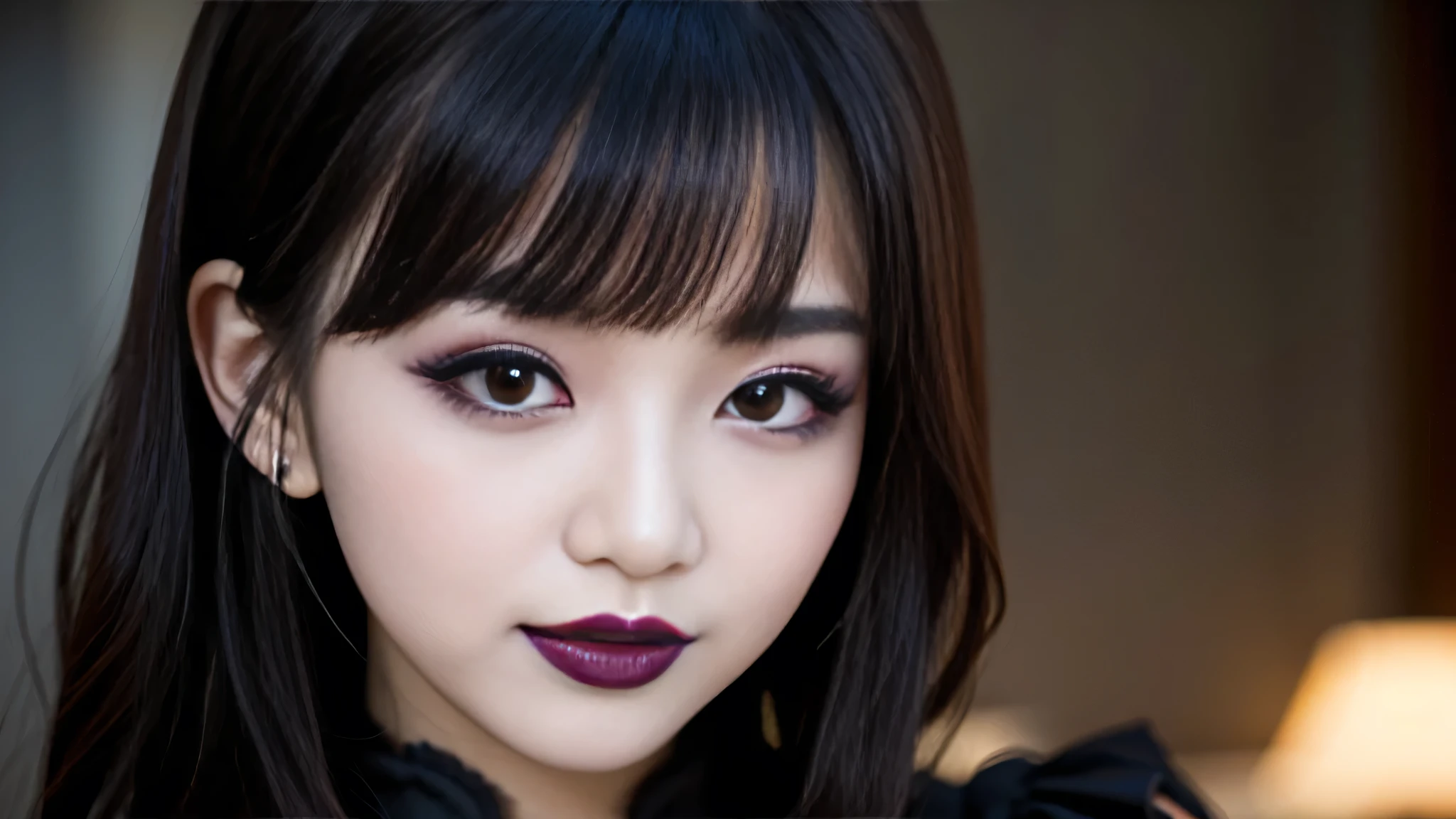 best quality、ultra-detailed、4k、Japanese、Seductive beauty、seductive adult woman、Pretty Woman、cool girl、Villainess、Brainwash、Fallen into evil、smirk、Evil look、Wicked Smile、evil、Brown hair、wavy hair、swept bangs、Butterfly Hair Ornament、dark makeup、dark makeup、piercing eyes、hollow eyes,half-closed eyes、Hollow Eyes、Purple Eyeshadow、black lipstick、black lipglos、Long Black Cheongsam、Wide sleeves、night、inside darkroom、Having lipstick、Makeup Brushes、Emblem of Evil、Crest of Darkness、Swear allegiance、I have pledged my allegiance、Dye black、Blackening、Stained with evil、Dyed in darkness、Seduce