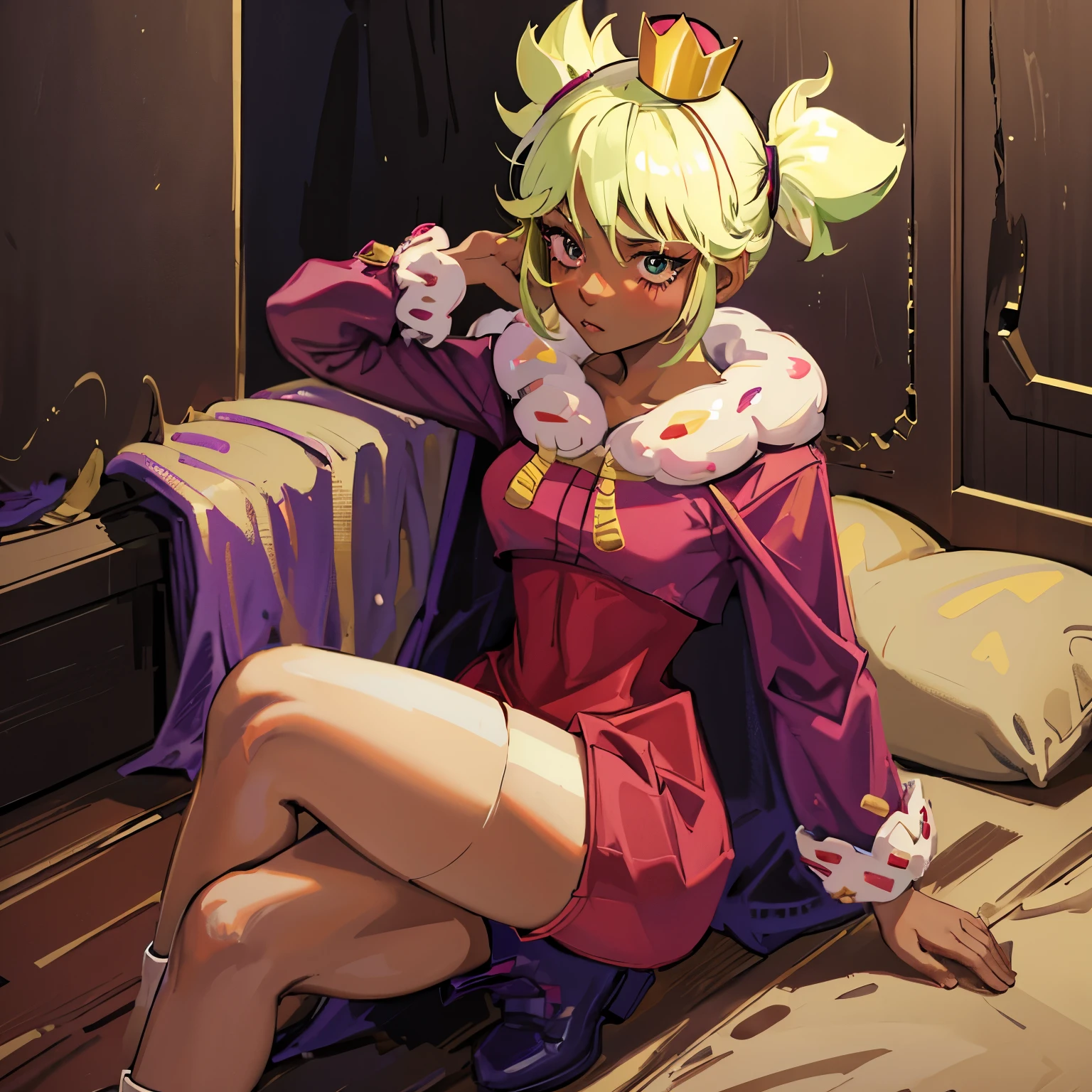 mandyBS, solo, 1girl, dark skin, dark-skinned female, green hair, blonde hair, short hair, short twintails, mini crown, cape, jumpsuit, long sleeves, high-waist shorts, red shorts, striped thighhighs, shoes, purple footwear,sexy