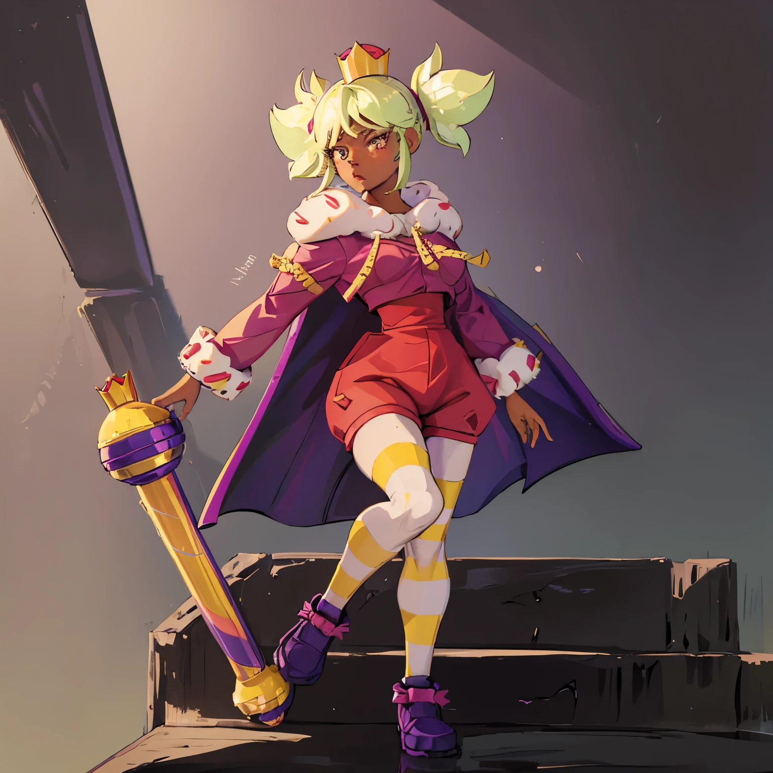 mandyBS, solo, 1girl, dark skin, dark-skinned female, green hair, blonde hair, short hair, short twintails, mini crown, cape, jumpsuit, long sleeves, high-waist shorts, red shorts, striped thighhighs, shoes, purple footwear,sexy