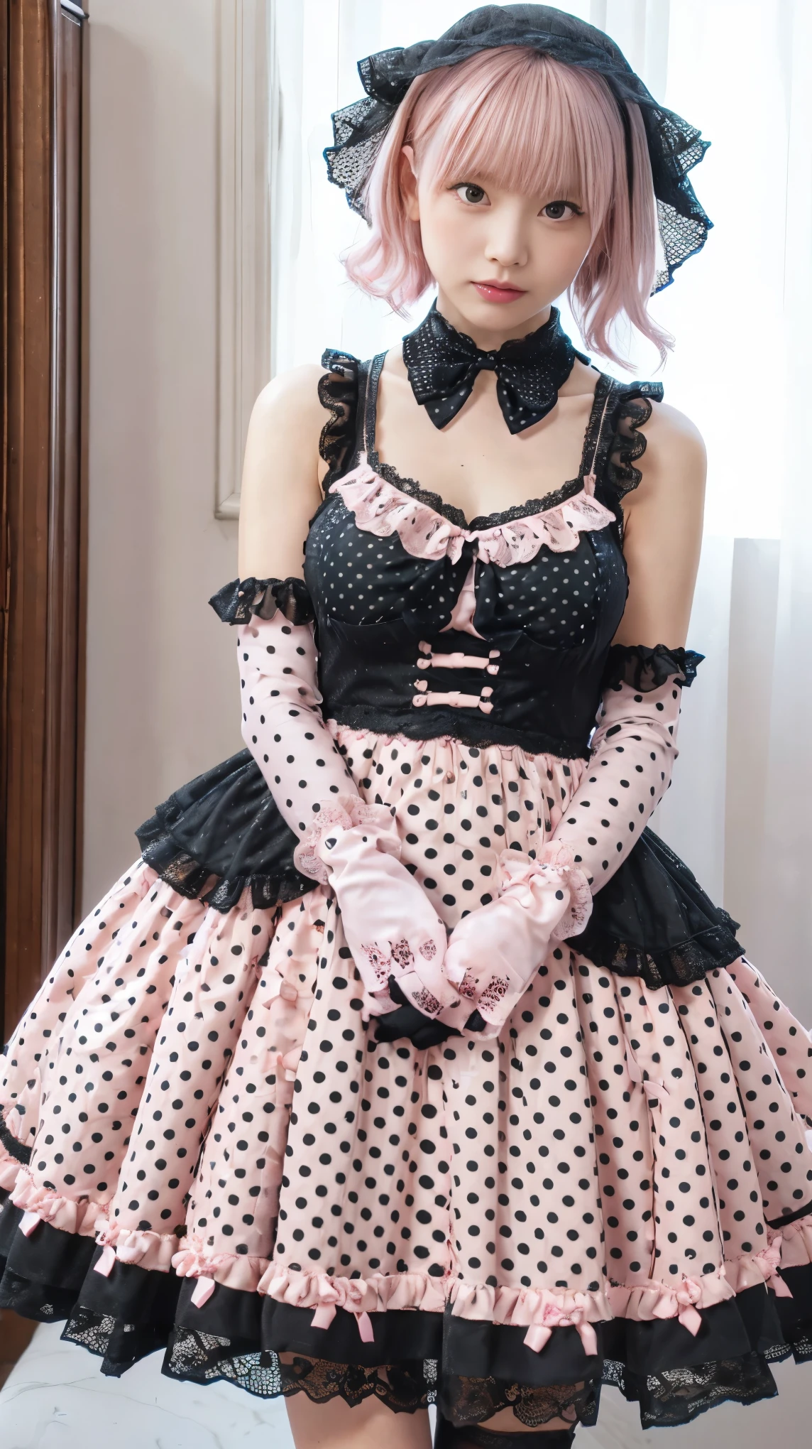 (8k, highest quality, masterpiece:1,2), (Realistic, Photorealistic:1.37), Super Detail, One Girl,), (Very detailedな), (Beautiful and detailed eyes), (highest quality), (Very detailed ), (masterpiece), (Detailed face),20-year-old, ,1 girl, whole body, pink hair,Very short hair, Medium chest, Dressed, Perfect lighting, pussy and breast focus, View your viewers, Excited face, Mischievous face, break in gothic ta dress, (wear (pink:1.2) and (black:0.8) Dress (Polka dot pattern:1.2) and lace appliques:1.4), wear no sleeves and halter neck, wear short skirt with layers of lace and tulle, (wear black gloves and pink shoes with straps:1.4),
break (wear black hat with pink bow:1.3),
break (short pink hair with spikes and bangs