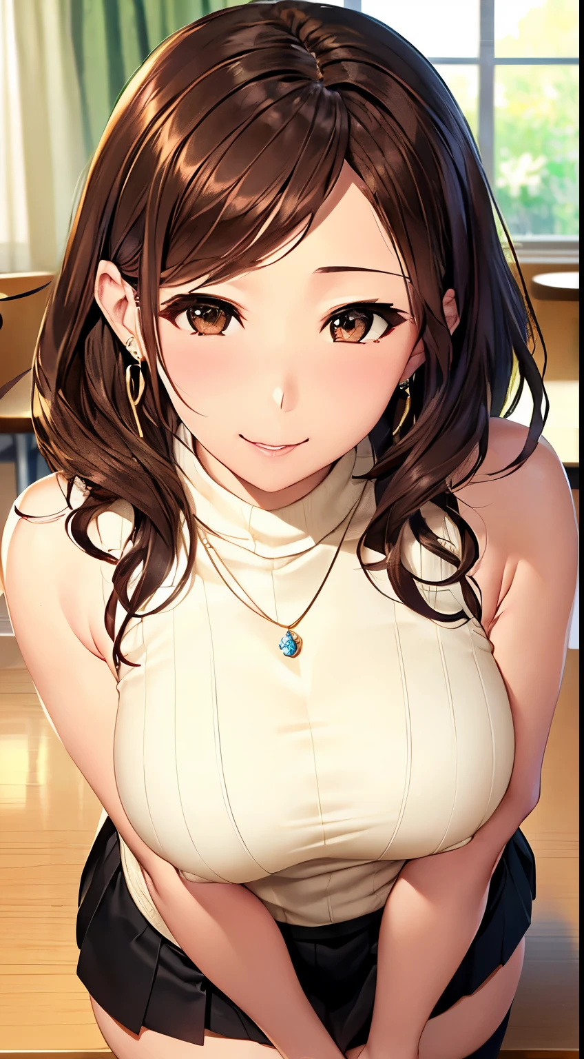 (table top, highest quality, High resolution, , perfect pixel, 4k,), 1 girl, single, alone, Beautiful woman、I could see the whole body、 ((wavy middle hair, bangs, brown hair)), ((brown eyes, beautiful eyelashes, realistic eyes)), ((detailed face, blush:1.2)), ((smooth texture:0.75, realistic texture:0.65, realistic:1.1, Anime CG style)), gigantic breasts, dynamic angle, perfect body, ((, female teacher, , earrings、necklace、Beige sleeveless turtleneck sweater、Tight Skirt、black knee high stockings、、shy smile)), upper grade、、、evening、、Bring your arms together to emphasize your chest、Hold the necklace between your chest、(、()、angle from below)、