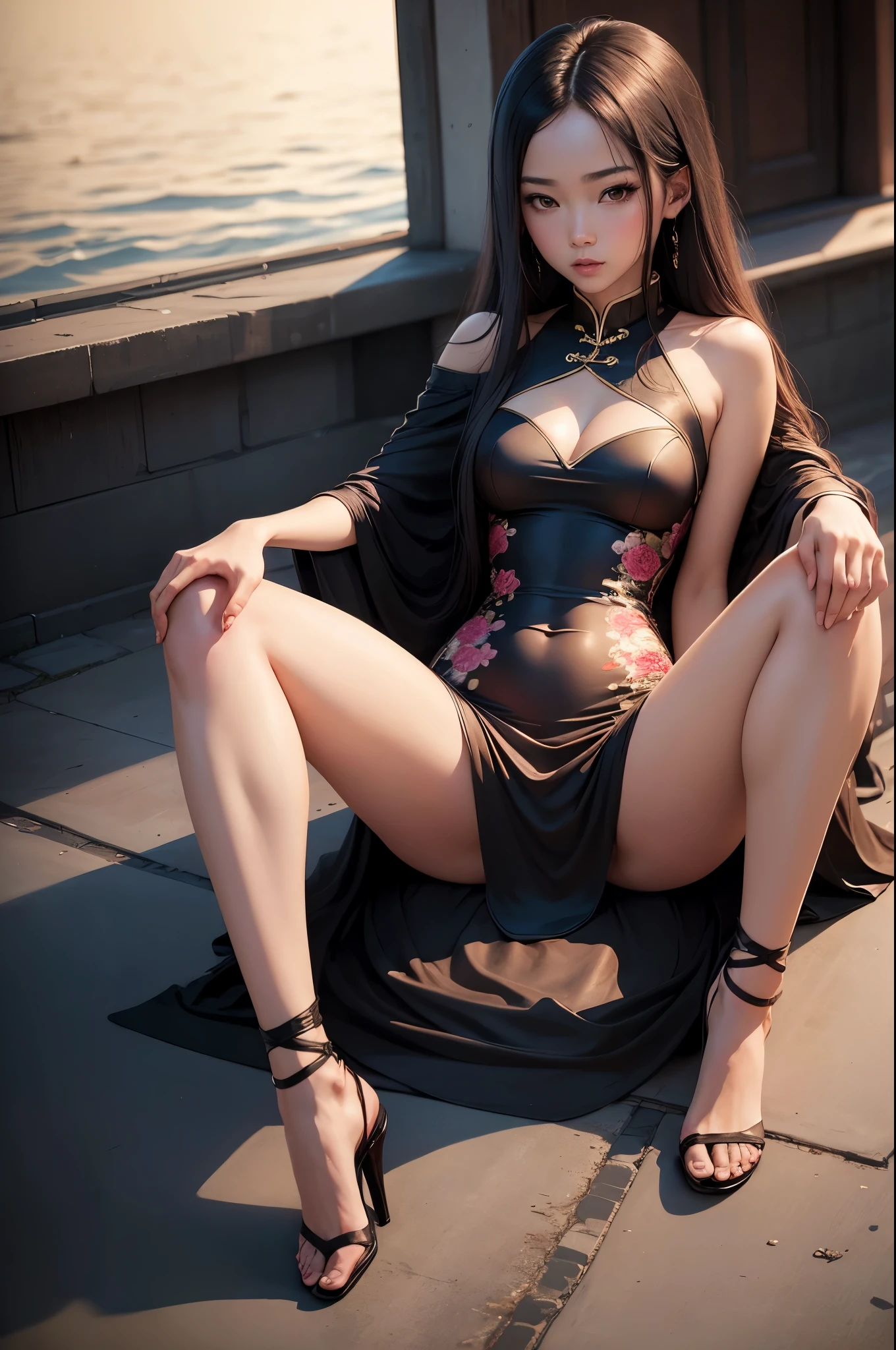a y woman, (best quality), (masterpiece), (1girl), slim, anime, (flat chested), (chinese dress), (sitting), (protrait), (full body view), (spr