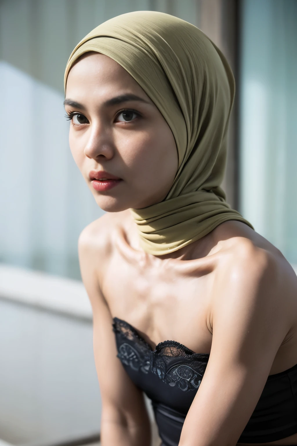 ((SHORT HIJAB)), ((Flat chest:1.7)), (dynamic photograph of a 58 year old Indonesian woman), (slim top, cotton panties), (straight non curly hair), (highly detailed face:1.4), (vascular muscles and abs:1.3), (background inside light, bright, private gym:1.1), (8k, uhd, dslr, high quality, cinematic lighting, bokeh), (dramatic, award winning photography, incredible masterpiece:1.3), (((sexy sultry stare at camera:0.8))), close up, ((she is ready to dominate you:0.5)), ((beautiful feminine face)) (she is a champion MMA fighter), add_detail:1, ((Wearing strapless pastel)) lace yellow fluorescence , from behind view, seductive pose, straddling ,