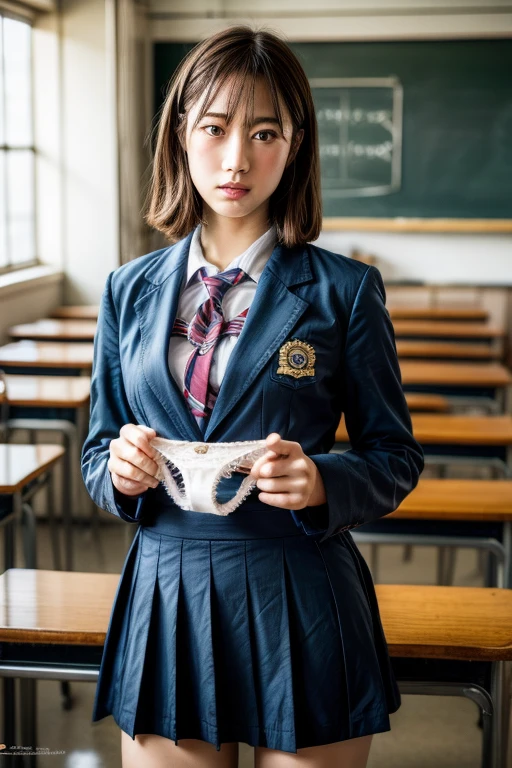 (absurdres:1.3),8K,(detailed photograph:1.5),(detailed face and skin:1.3),(ultra high res:1.5),(photorealistic:1.5),symmetric clear eyes,well-groomed face,(ray tracing:1.3) ,1girl, Japanese,high school girl, BREAK (wearing Japanese high school uniform:1.3),(navy high school uniform:1.3), BREAK (presenting panties), BREAK (detailed white cotton panties:1.1), BREAK masterpiece, best quality, highly detailed,classroom,Black short straight hair,focus panty,cinematic lighting,(blushing:1.3),(Stain on panties:1.4),