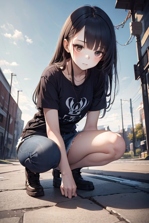 1girl, rebel and casual outfit, long hair with bangs, peaceful, beautiful detail eyes, proportional figure, (squatt, squatting on the ground, full shot), (stylized:1.3), (Highly detailed), (high resolution), (Best quality), (masterpiece)
