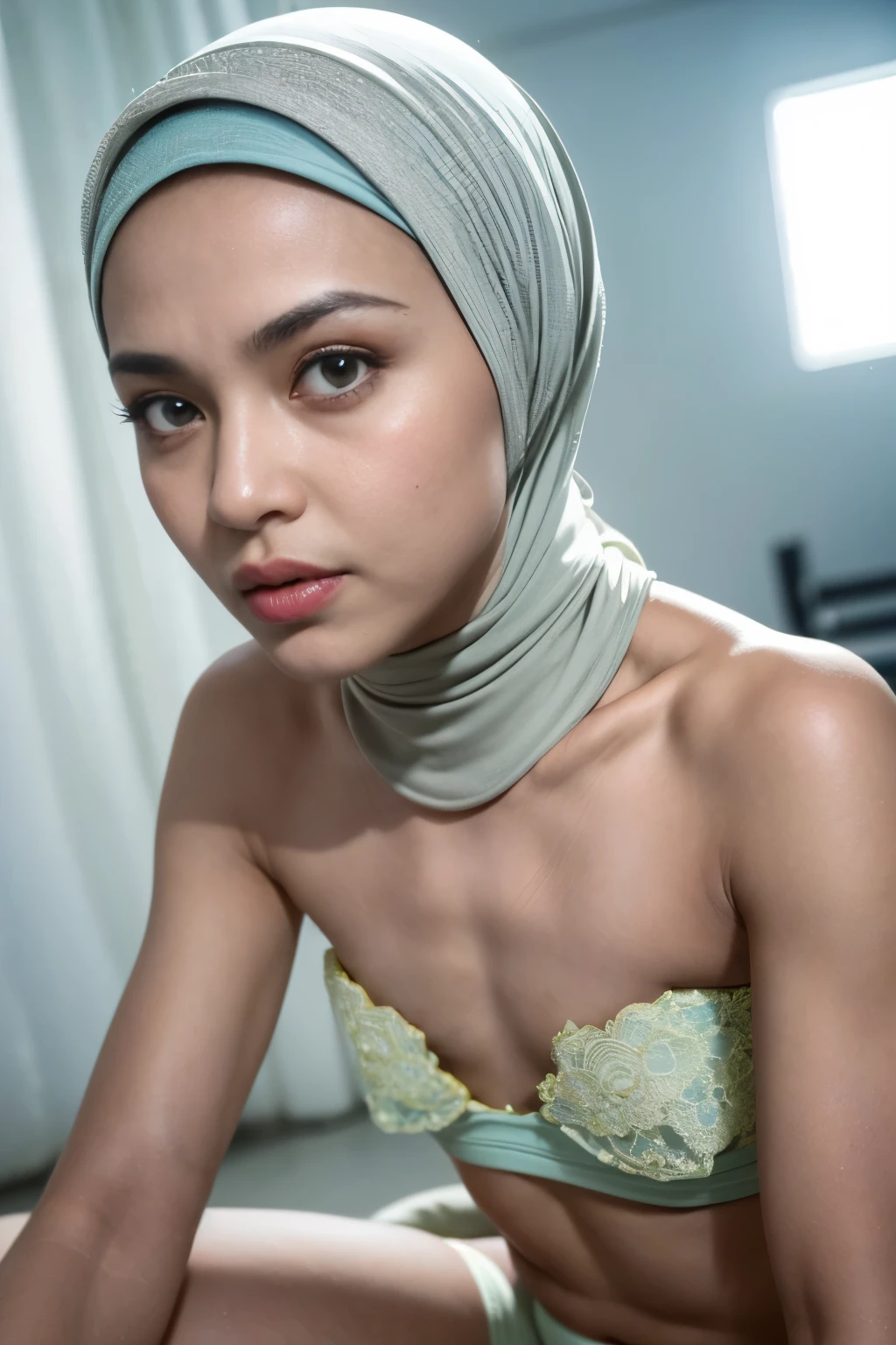 ((SHORT HIJAB)), ((Flat chest:1.7)), (dynamic photograph of a 58 year old Indonesian woman), (slim top, cotton panties), (straight non curly hair), (highly detailed face:1.4), (vascular muscles and abs:1.3), (background inside light, bright, private gym:1.1), (8k, uhd, dslr, high quality, cinematic lighting, bokeh), (dramatic, award winning photography, incredible masterpiece:1.3), (((sexy sultry stare at camera:0.8))), close up, ((she is ready to dominate you:0.5)), ((beautiful feminine face)) (she is a champion MMA fighter), add_detail:1, ((Wearing strapless pastel)) lace red , from behind view, seductive pose, straddling 