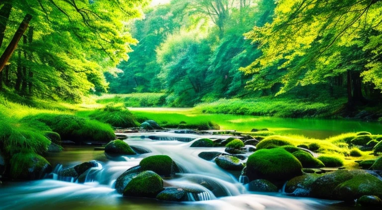 I took a photo of a peaceful moment spent in nature..。wood々Imagine a peaceful landscape bathed in soft morning light.。.。A gentle meandering stream、Surrounded by green trees。The overall atmosphere is calm and connected to the natural world.、Highlight the beauty and serenity of outdoor moments。