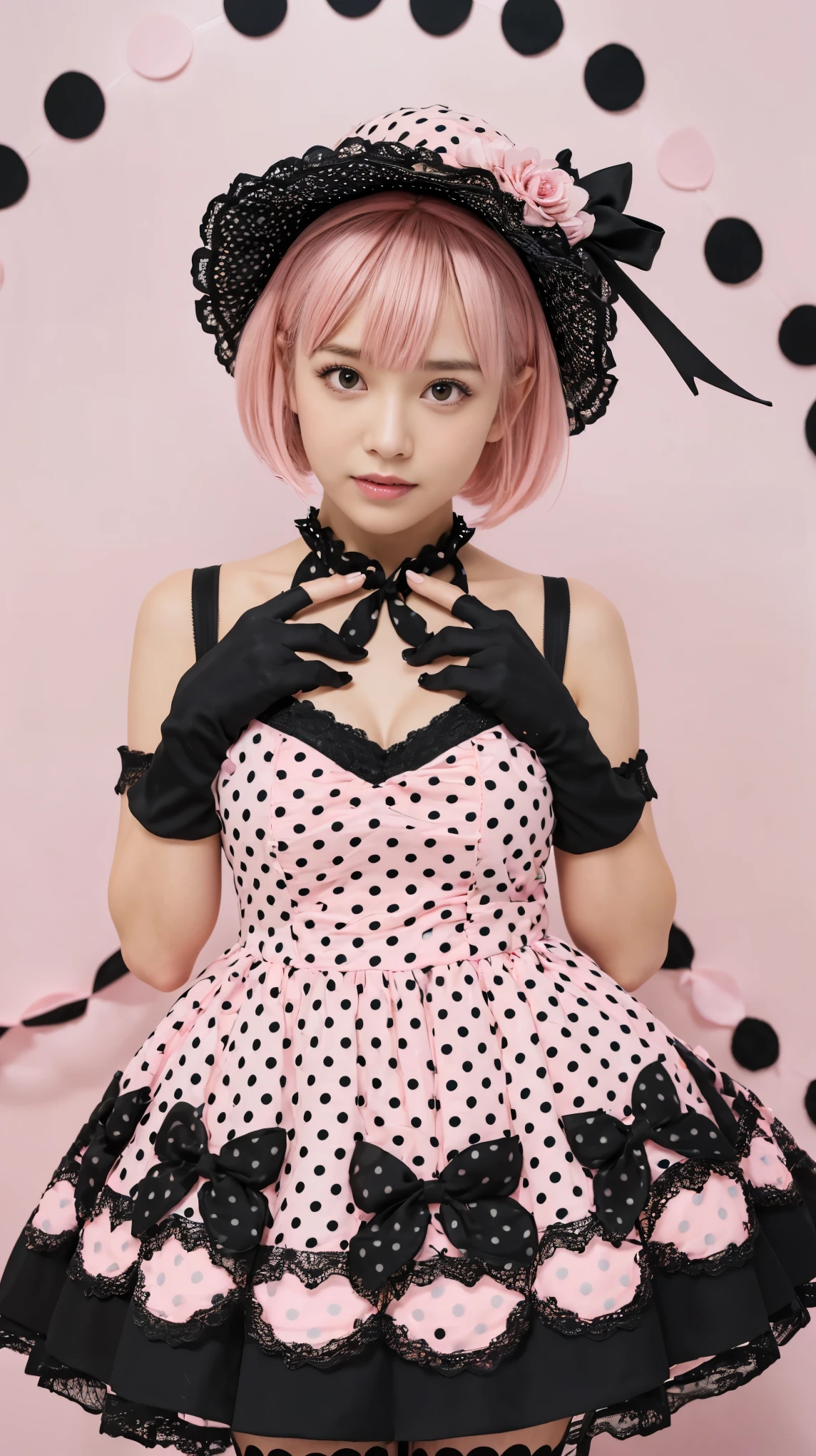 (8k, highest quality, masterpiece:1,2), (Realistic, Photorealistic:1.37), Super Detail, One Girl,), (Very detailedな), (Beautiful and detailed eyes), (highest quality), (Very detailed ), (masterpiece), (Detailed face),20-year-old, ,1 girl, whole body, pink hair,Very short hair, Medium chest, Dressed, Perfect lighting, pussy and breast focus, View your viewers, Excited face, Mischievous face, break in gothic lolita dress, (wear (pink:1.2) and (black:0.8) Dress (Polka dot pattern:1.2) and lace appliques:1.4), wear no sleeves and halter neck, wear short skirt with layers of lace and tulle, (wear black gloves and pink shoes with straps:1.4), 
break (wear black hat with pink bow:1.3), 
break (short pink hair with spikes and bangs
