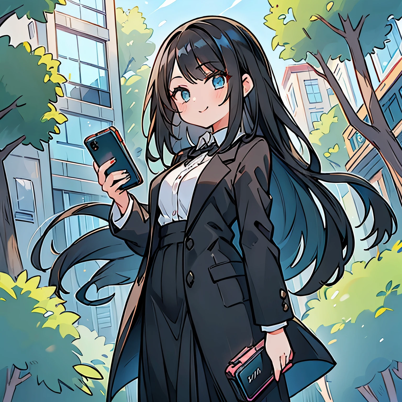 (((A girl with long black hair holding a smartphone))), Beautiful eyes, Office lady in suit, smile, 4k, Anime Moe Art Style, Esbian all over, Large parks