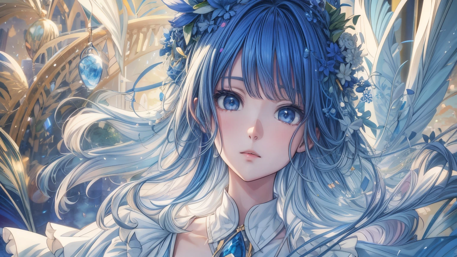 Chica anime con ojos azules y vestido blanco sosteniendo un cristal azul., arte de anime digital detallado, estilo anime 4K, Fondo de pantalla de arte anime 4k, Fondo de pantalla de arte anime 4K, arte de anime detallado, fondo de pantalla de arte anime 8 k, hermoso retrato animado, arte de anime detalladowork, hermoso arte animework, hermoso arte anime, retrato detallado de chica anime, Fondo de pantalla animado 4K