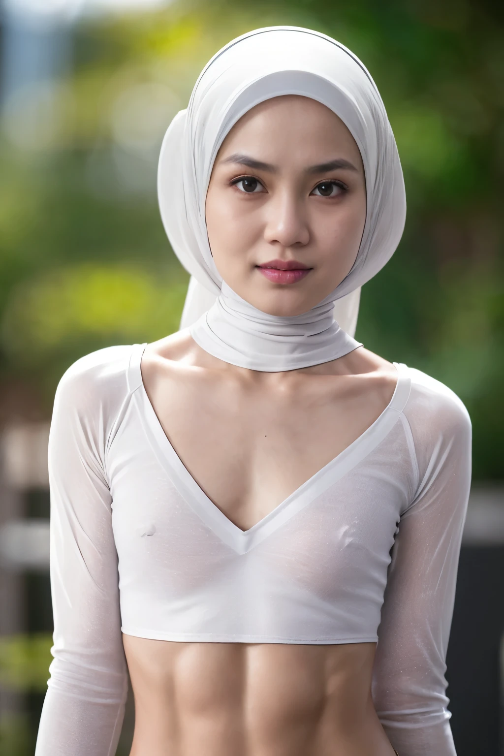 ((SHORT HIJAB)), ((Flat chest:1.7)), (dynamic photograph of a 58 year old Indonesian woman), (slim top, cotton panties), (straight non curly hair), (highly detailed face:1.4), (vascular muscles and abs:1.3), (background inside light, bright, private gym:1.1), (8k, uhd, dslr, high quality, cinematic lighting, bokeh), (dramatic, award winning photography, incredible masterpiece:1.3), (((sexy sultry stare at camera:0.8))), close up, ((she is ready to dominate you:0.5)), ((beautiful feminine face)), add_detail:1, lace yellow fluorescence , from behind view, seductive pose, straddling , (((background a very dark night))), (((wearing long sleeve white t-shirt)))