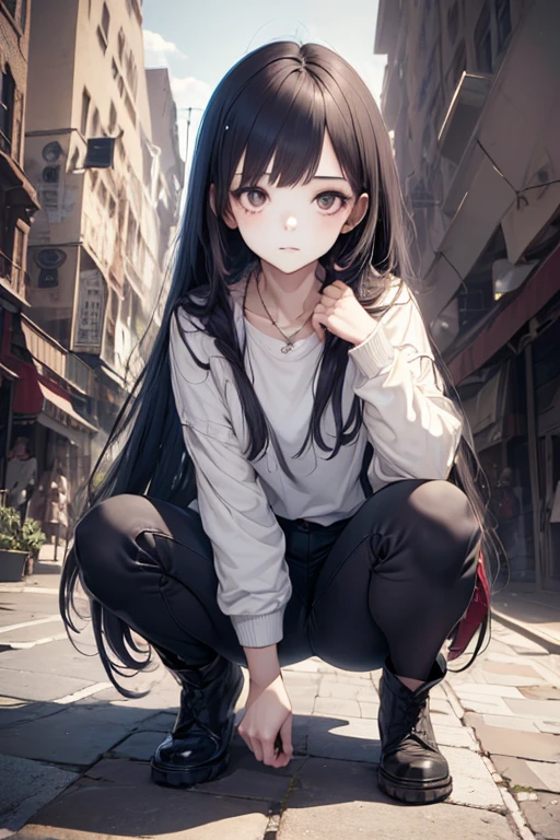 1girl, rebel and casual outfit, long hair with bangs, beautiful detail eyes, proportional figure, (squatting, full shot), (stylized:1.3), (Highly detailed), (high resolution), (Best quality), (masterpiece)
