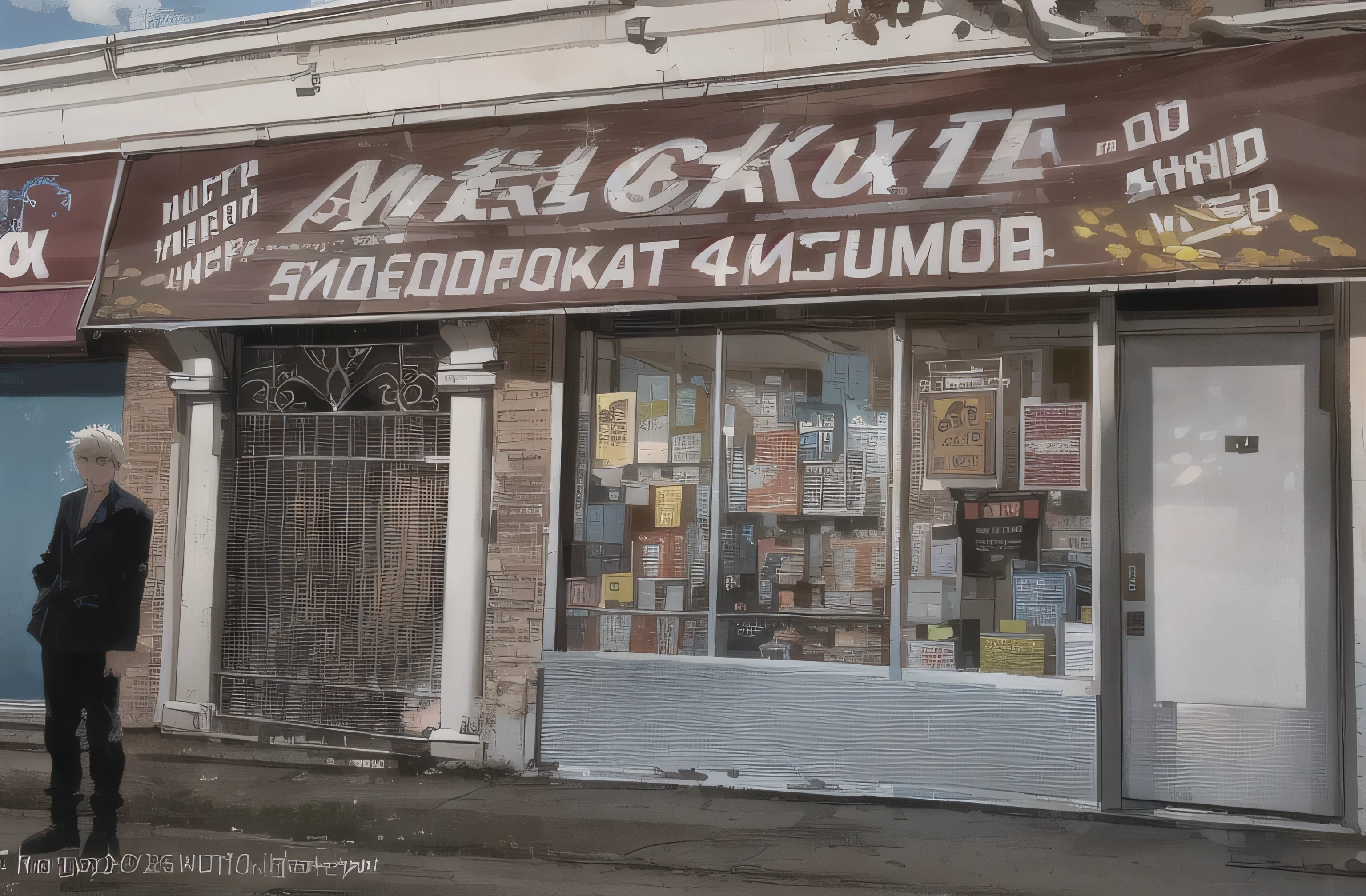there is a man standing outside of a store with a sign on it, storefront, abcdefghijklmnopqrstuvwxyz, overlaid with cyrillic words, photo for a store, shop front, by Nikita Veprikov, 000 - wikipedia