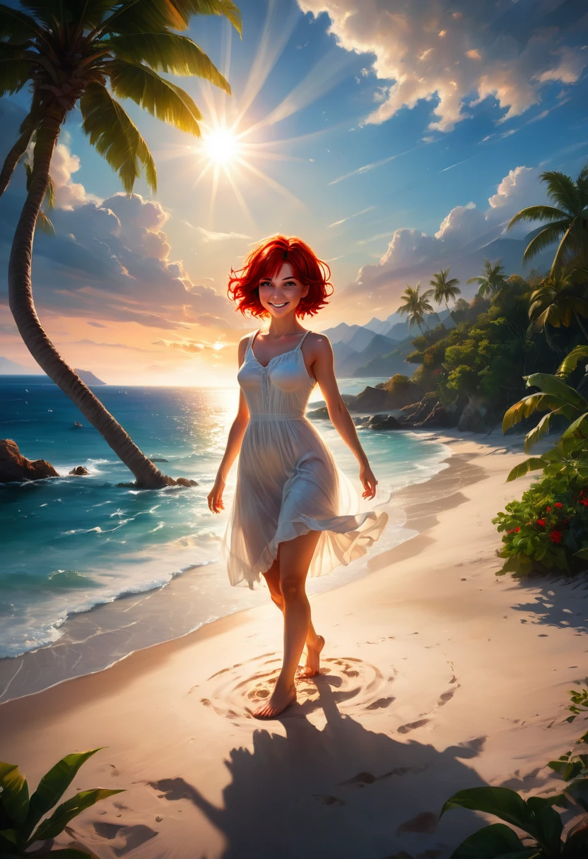 impasto,(by black roses),(By dino:0.8),((white theme)), from above,1girl, solo, full body, smile, (red hair), ahoge, short hair, white short sundress, Bare feet, outdoors, (sea), (beach), (horizon), (sunset), (the breeze blew), coconut tree, (twilight), (dim:1.15), beautiful landscape, (reality ray tracing), (intense shadows), (dappled sunlight), strong rim light, cinematic angle