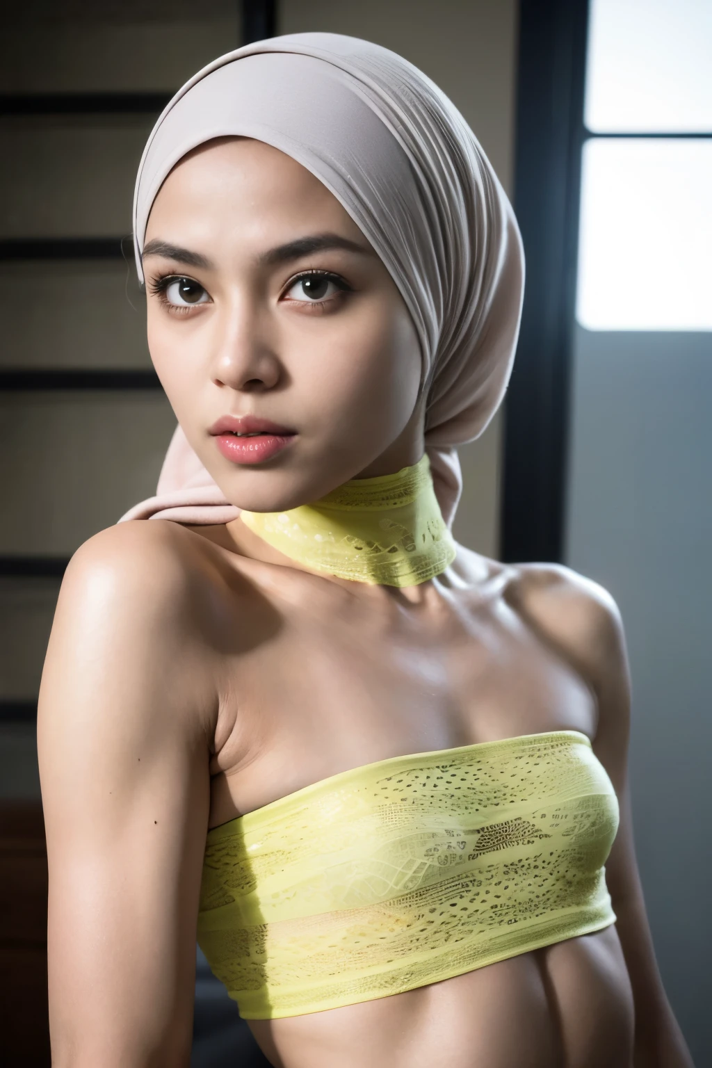 ((SHORT HIJAB)), ((Flat chest:1.7)), (dynamic photograph of a 58 year old Indonesian woman), (slim top, cotton panties), (straight non curly hair), (highly detailed face:1.4), (vascular muscles and abs:1.3), (background inside light, bright, private gym:1.1), (8k, uhd, dslr, high quality, cinematic lighting, bokeh), (dramatic, award winning photography, incredible masterpiece:1.3), (((sexy sultry stare at camera:0.8))), close up, ((she is ready to dominate you:0.5)), ((beautiful feminine face)) (she is a champion MMA fighter), add_detail:1, ((Wearing strapless pastel)) lace yellow fluorescence , from behind view, seductive pose, straddling ,