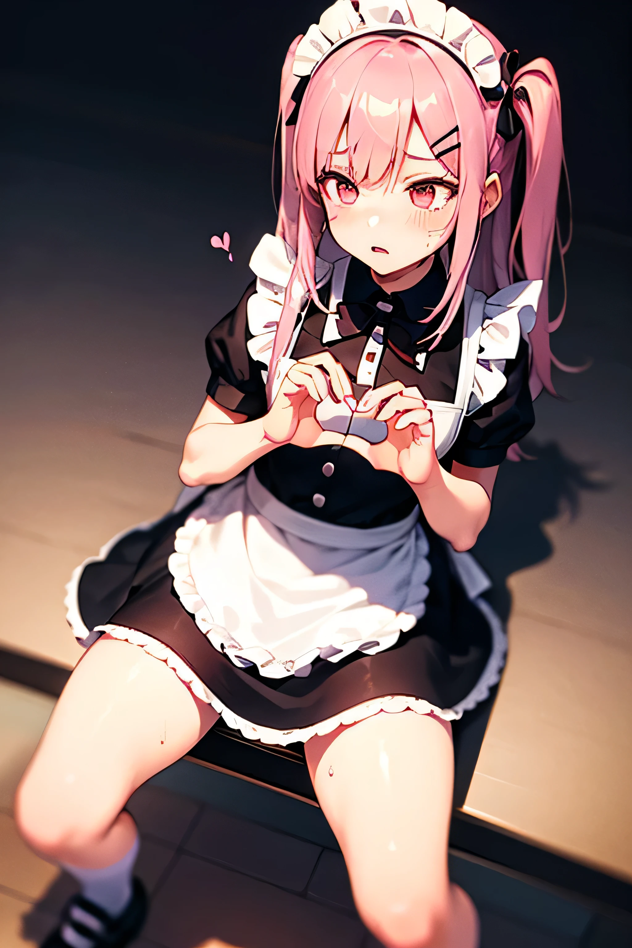 1 girl, apron, bow, cube hair ornament, dress, ruffles, darkness (expression), hair ornament, heart, heart hands, long hair, looking away, maid, maid apron, maid headdress, Mary Janes , one side up, pink hair, shadow face, shoes, short dress, alone, sweat drop, thighs, white thighs, zettai ryouiki, 