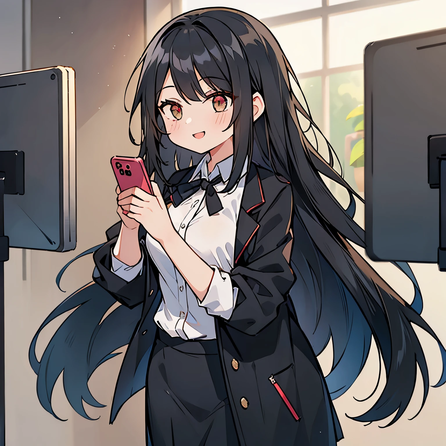 (((A girl with long black hair holding a smartphone))), Office lady in suit, smile, 4k, Anime Moe Art Style, Esbian all over