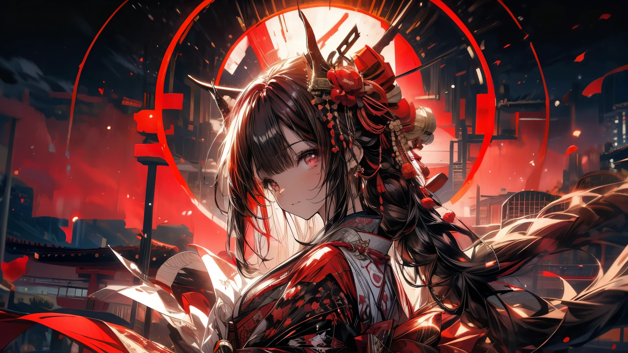 A world in crimson red, una chica vestida de geisha roja, kimono muy hermoso, murales a gran escala, Dimensiones multicapa, cielo Rojo, Arquitectura japonesa roja, red gradient, anime wallpaper lovely red lantern girl, Cara ultra detallada, kawaii, in the style of scenic environments, japanese style landscapes, rojo oscuro y rojo brillante, Dark burgundy and light crimson, digital art techniques --ar 5 7 --niji 5 --beautiful style,