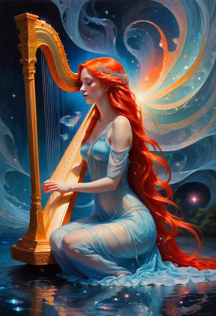 (from side:1.0), (Red long hair:1.0), (Hair adorned with fine pearls:1.0), (sacred:1.0), (Blue light gauze dress:1.0), ( :1.1), (Play the transparent harp:1.2), (Fragmented light dots:1.0), (Dawn:1.0), (fluorescence:0.8), (Crystal and transparent:1.0), (Flowing light and overflowing colors:1.0), (sit:1.0), (Close range:1.0), , (by wlop:0.6), (impasto, oil painting:1.2), detailed features, pseudo-impasto, best quality, (detailed features, flat color:1.2), (lineart, flat-pasto:0.3)