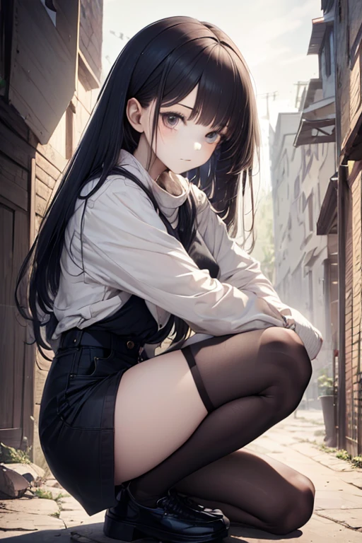 1girl, rebel and casual outfit, long hair with bangs, beautiful detail eyes, proportional figure, (from side:0.8), (squatting, full shot), (stylized:1.3), (Highly detailed), (high resolution), (Best quality), (masterpiece)
