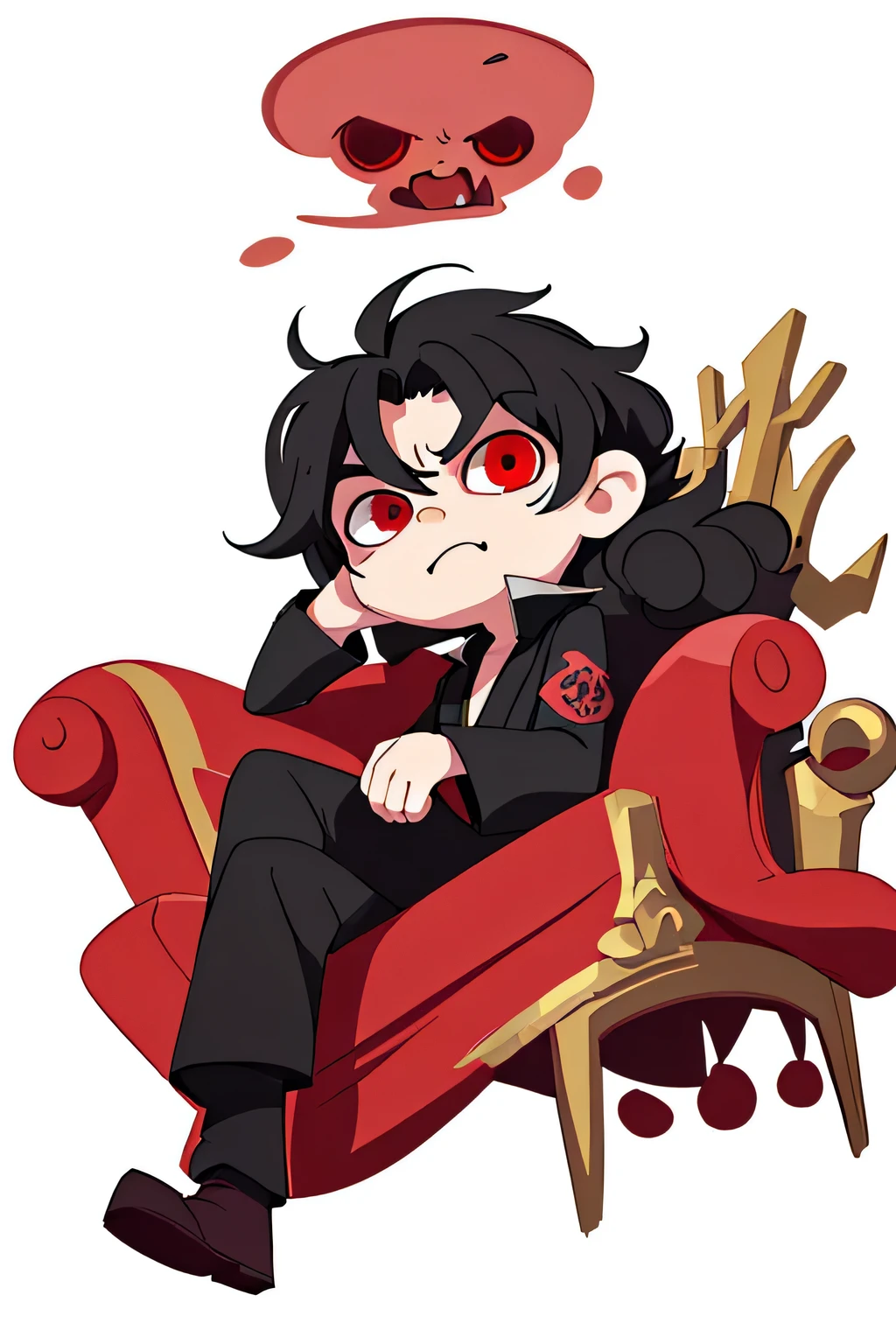 chibi drawing, evil man, curly black hair, sitting on a throne, red eyes