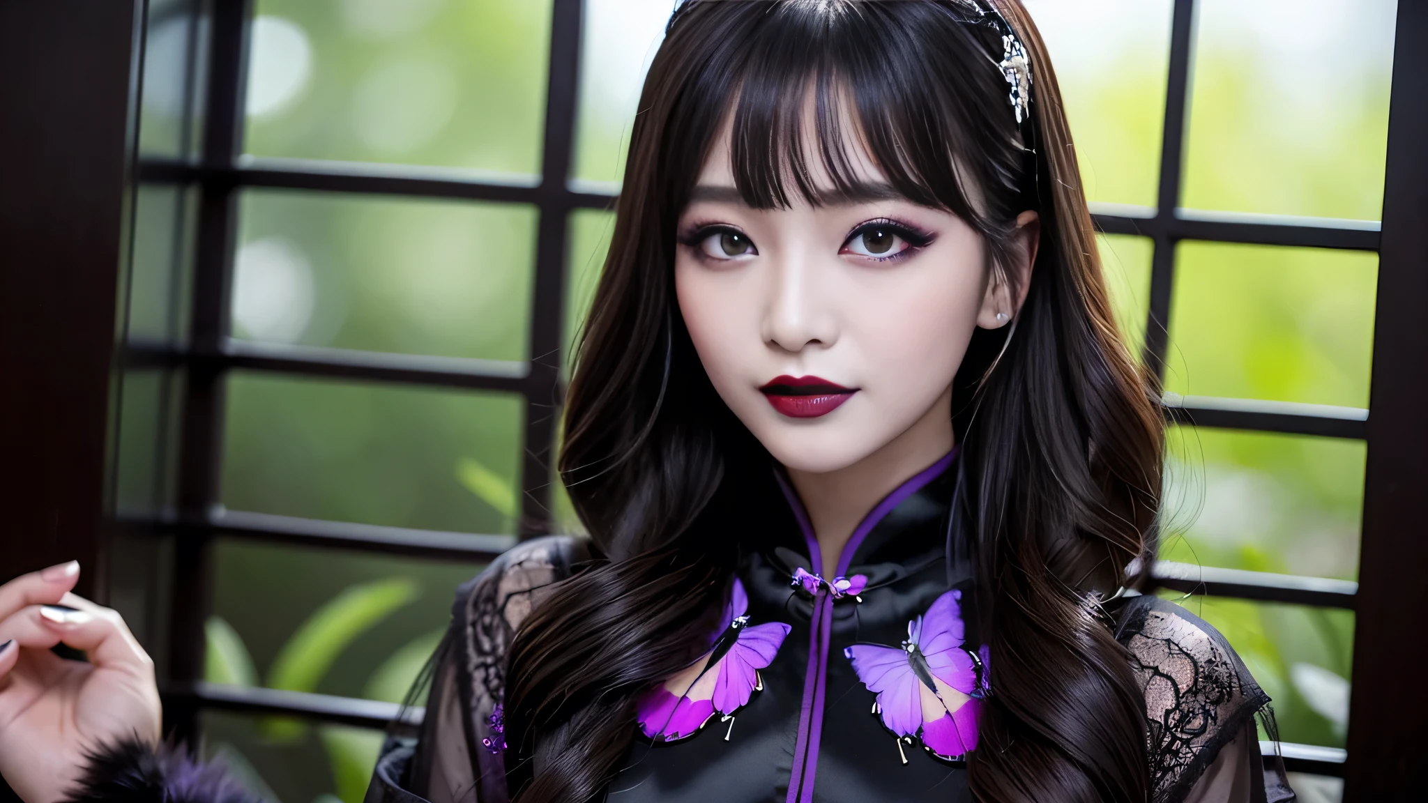 best quality、ultra-detailed、4k、Japanese、Seductive beauty、seductive adult woman、Pretty Woman、cool girl、Villainess、Brainwash、Fallen into evil、smirk、Evil look、Wicked Smile、evil、Brown hair、wavy hair、swept bangs、Butterfly Hair Ornament、dark makeup、dark makeup、piercing eyes、hollow eyes,half-closed eyes、Hollow Eyes、Purple Eyeshadow、black lipstick、black lipglos、Long Black Cheongsam、Wide sleeves、night、inside darkroom、Having lipstick、Makeup Brushes、Emblem of Evil、Crest of Darkness、Swear allegiance、I have pledged my allegiance、Dye black、Blackening、Stained with evil、Dyed in darkness、Seduce