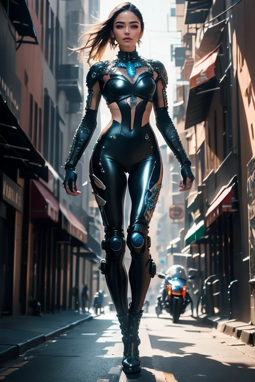 Big city, Female cyborg on a motorcycle, Leather boots, Stand up,outside,the street,the motorcycle , beautiful legs in pedal shoes, best quality, high quality, absurdres, masterpiece, beautiful, intricate details, 1/2 body crop, slim body, beautiful figure, magnificent anatomy, (intricate details:1.12), HDR, (intricate details, hyper-detailing:1.15), (natural skin textures, hyper realisitc, soft light, Sharp:1.2)
