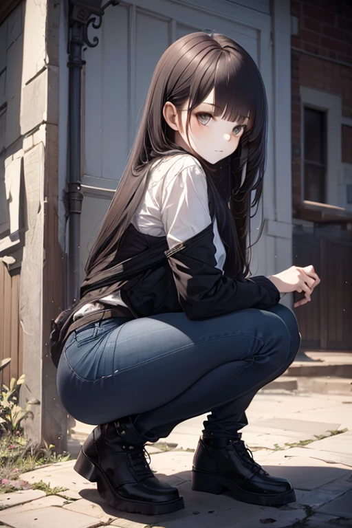 1girl, rebel and casual outfit, long hair with bangs, beautiful detail eyes, proportional figure, (from side:0.8), (squatting, full shot), (stylized:1.3), (Highly detailed), (high resolution), (Best quality), (masterpiece)
