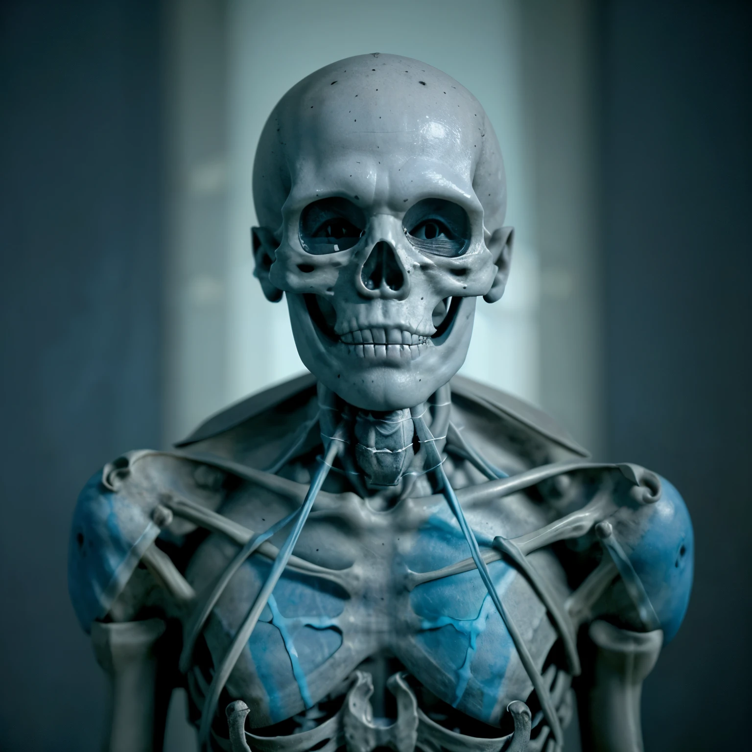 A living skeleton man with fragmented skull parts, com uma aura azul em volta