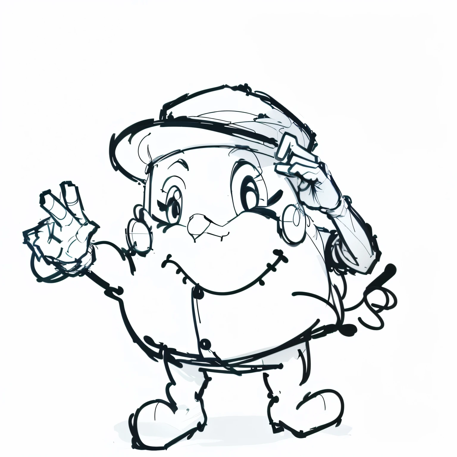 drawing of a cartoon The Character in the Hat and a cap, Humble pose gesture, The Character in the Hat, character drawing, Sketch, Mr. halo character design, character posing, character design for animation, Character Design Sketch, animated character, character in his natural pose, Drawn on white parchment paper, Traditional animation, official concept art. Make a color analogue. Decorate with color. colored drawing