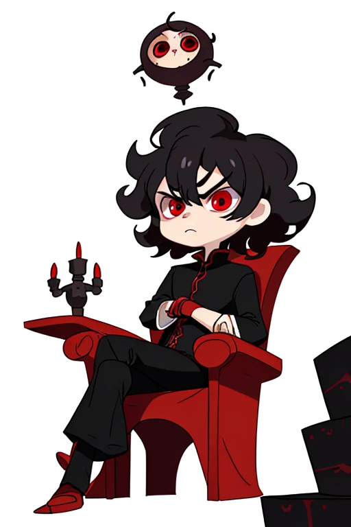 chibi drawing, evil man, curly black hair, sitting on a throne, red eyes