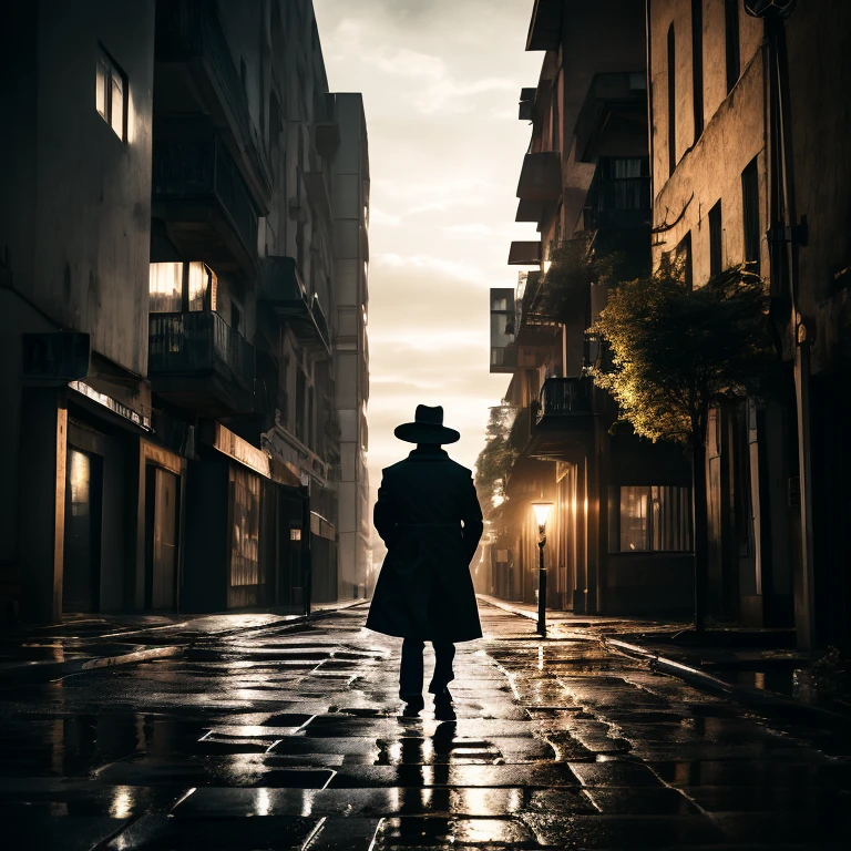 film noir style aesthetic, detailed, beautiful color, amazing quality, best quality, high quality, cinematic quality, lut, fine texture, crisp detail, by rella, by_dkxlek, by makoto shinkai, as the sun began to set over the dark city, casting long shadows on the cobblestone streets, a solitary figure emerged from the corner of an alleyway. dressed in a trench coat and hat, this person exuded an air of mystery and intrigue. their face was obscured by the low light, but their piercing gaze seemed to pierce through any secrets that might be lurking in the shadows. the flickering orange streetlights cast eerie reflections off the wet pavement, hinting at recent rainfall. the tall buildings loomed overhead like silent sentinels watching over the city's nocturnal activities. as the figure continued their solitary journey down the deserted street, their footprints echoed ominously behind them, creating a haunting atmosphere reminiscent of a classic detective noir. every now and then, they paused to inspect something a discarded newspaper, a crumpled piece of paper, or perhaps a clue to a larger mystery. their movements were swift and precise, revealing a sense of purpose and determination. yet, despite their focused demeanor, there was a palpable sense of unease that hung in the air, almost as if they were being watched. in the distance, the faint outline of a tall building could be seen against the night sky, its windows glowing with a warm amber light. it was a beacon of hope in the otherwise bleak surroundings, offering a stark contrast to the otherwise dreary scene. but for now, the figure continued on their journey, their destination unknown, yet their resolve unyielding. . monochrome, high contrast, dramatic shadows, 1940s style, mysterious, cinematic