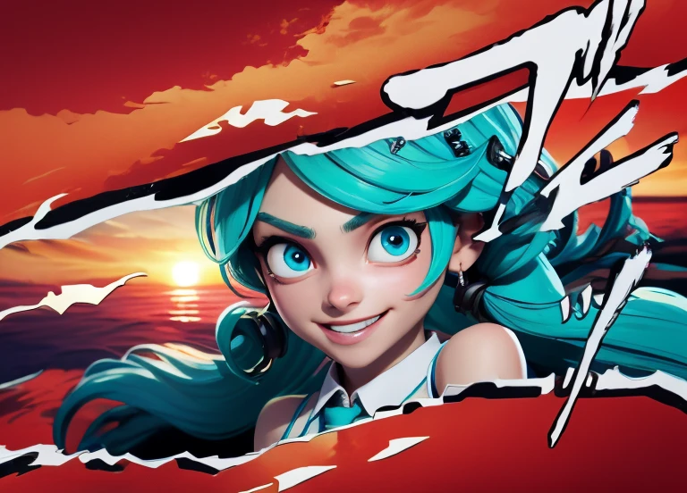 ((best quality)), ((highly detailed)), masterpiece, absurdres, extremely detailed face, beautiful face, (detailed eyes, deep eyes), (1girl), dynamic pose, upper body, Hatsune Miku, aqua hair, ((very long hair)), twintails, hair ornament, aqua eyes, blue nail polish, smiling, white shirt, collared shirt, sleeveless shirt, bare shoulders, detached sleeves, (black sleeves), wide sleeves, aqua necktie, miniskirt, thighhighs, zettai ryouiki, (outside, at a floating island, morning, sunrise), IncrsPersCutIn, simple background