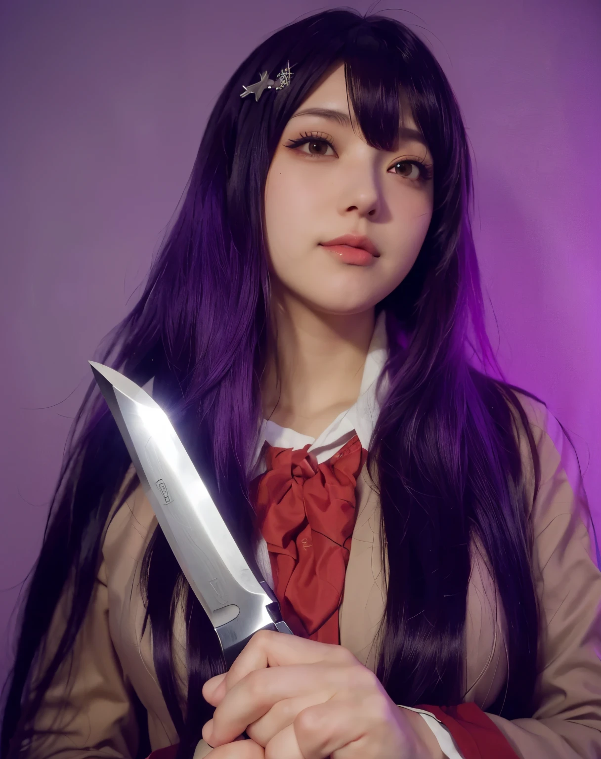 Mujer arafed con cabello morado sosteniendo un cuchillo en la mano., chiaki nanami de danganronpa, chica anime cosplay, misato katsuragi, ilya kuvshinov con pelo largo, anime cosplay, Nico Robin, inspirado por Ayako Rokkaku, caitlyn de liga de leyendas, cosplay, hinata hyuga from naruto