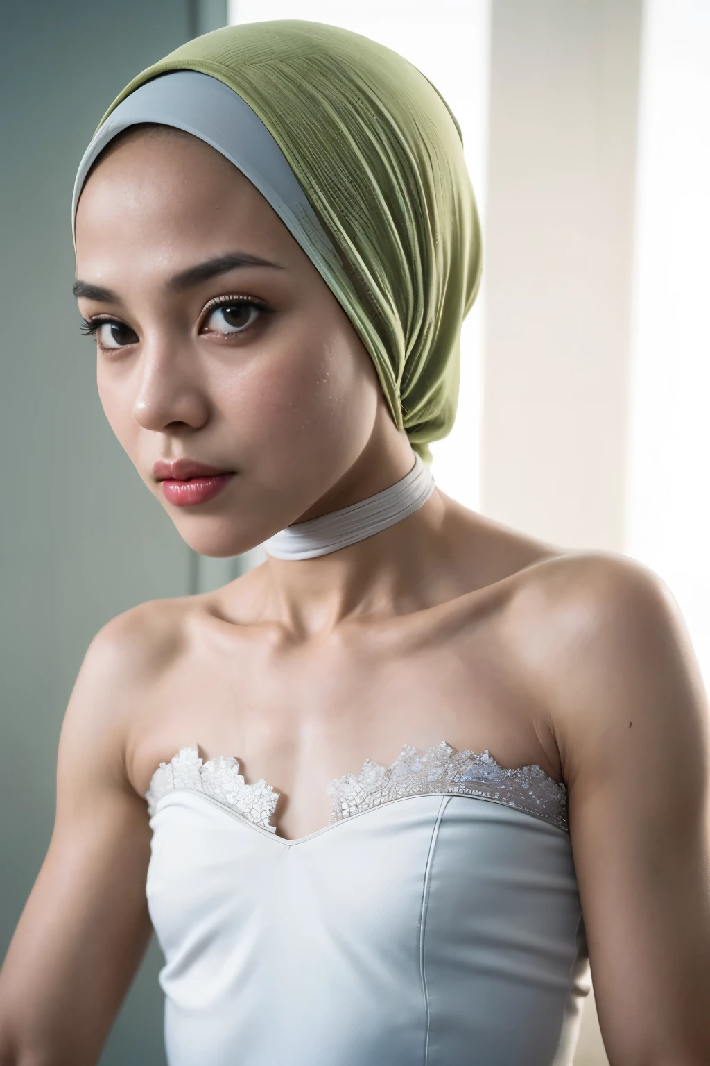 ((SHORT HIJAB)), ((Flat chest:1.7)), (dynamic photograph of a 58 year old Indonesian woman), (slim top, cotton panties), (straight non curly hair), (highly detailed face:1.4), (vascular muscles and abs:1.3), (background inside light, bright, private gym:1.1), (8k, uhd, dslr, high quality, cinematic lighting, bokeh), (dramatic, award winning photography, incredible masterpiece:1.3), (((sexy sultry stare at camera:0.8))), close up, ((she is ready to dominate you:0.5)), ((beautiful feminine face)) (she is a champion MMA fighter), add_detail:1, ((Wearing strapless pastel)) lace yellow fluorescence , from behind view, seductive pose, straddling ,