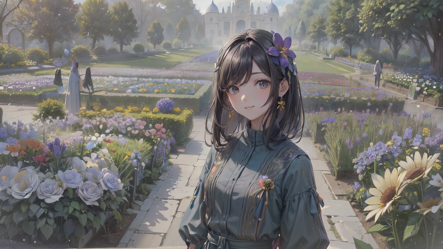 absurdos, high resolution, (arte oficial, hermoso y estetico:1.2), (vista cercana:1.2), Frontal composition, 
1 chica, (pelo largo:1.2), pelo canoso, pelo ondulado, sonrisa, 
(throughout the flower garden:1.6), (efectos florales:1.2), (fondo floral:1.2), (Fondo lleno de flores:1.4), (Fondo llamativo:1.1),