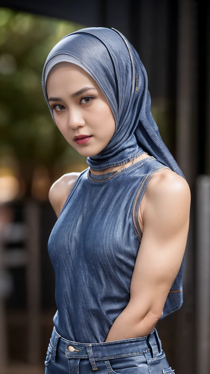 ((SHORT HIJAB)), ((Flat chest:1.7)), (dynamic photograph of a 58 year old Indonesian woman), (slim top, cotton panties), (straight non curly hair), (highly detailed face:1.4), (vascular muscles and abs:1.3), (background inside light, bright, private gym:1.1), (8k, uhd, dslr, high quality, cinematic lighting, bokeh), (dramatic, award winning photography, incredible masterpiece:1.3), (((sexy sultry stare at camera:0.8))), close up, ((she is ready to dominate you:0.5)), ((beautiful feminine face)), add_detail:1, lace yellow fluorescence , from behind view, seductive pose, straddling , (((background a very dark night))), (((wearing jeans)))