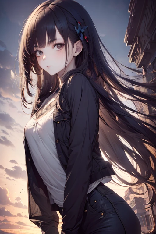 1girl, rebel and casual outfit, long hair with bangs, beautiful detail eyes, proportional figure, (from side:0.8), (sensual, full shot), (stylized:1.3), (Highly detailed), (high resolution), (Best quality), (masterpiece)
