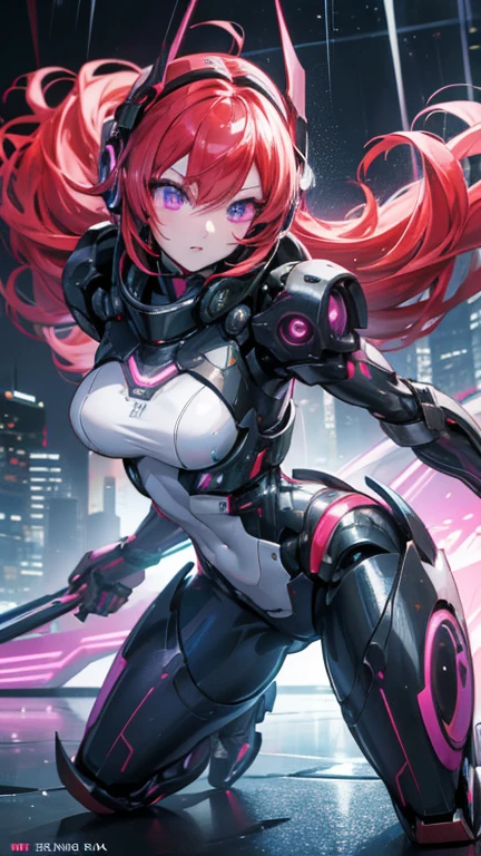 anime,girl,kasane teto,red hair,drill hair,vocaloid,robot,cyberpunk,illustration,neon lights,cityscape,night scene,(best quality,highres),(realistic:1.37),detailed eyes,detailed lips,purple eyes,headphones,glowing lines,urban setting,technological,glitch effects,electric atmosphere,urban fashion,street art,vibrant colors,mysterious aura,anime-styled,painted textures,shiny surfaces,multilayered background,futuristic elements,cool pose,with a microphone,performing on a stage,artificial intelligence,high-tech gadgets,sci-fi fashion,reflection in the rain-soaked pavement,expressive face,long lashes,confident expression,singing with passion,dynamic composition,traces of digital manipulation,ethereal glow,suspended in mid-air,emitting energy particles,seamless blending of organic and technological elements,imaginative scenery with floating objects,female android companions,futuristic technology,electronic music playing in the background