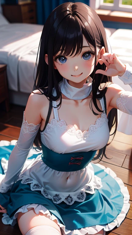 masterpiece, highest quality, One girl, View your viewers, Small waist, RAWphotograph、Accurate fingertips、 Ultra-realistic, High resolution, photograph, Sharp focus, Most detailed, Very detailed, Super detailed, In detail, Very detailed目と顔,Very detailed手と指、Idol、Thighs, beautiful girl,View your viewers, Small waist,Symmetrical face, whole body、Light knitted clothing、No sleeve、Mermaid Skirt Skirt、White lace knee socks、Large Breasts、Beautiful clavicle、Long Hair、Beautiful navel、Shyness、Happy expression、play soccer