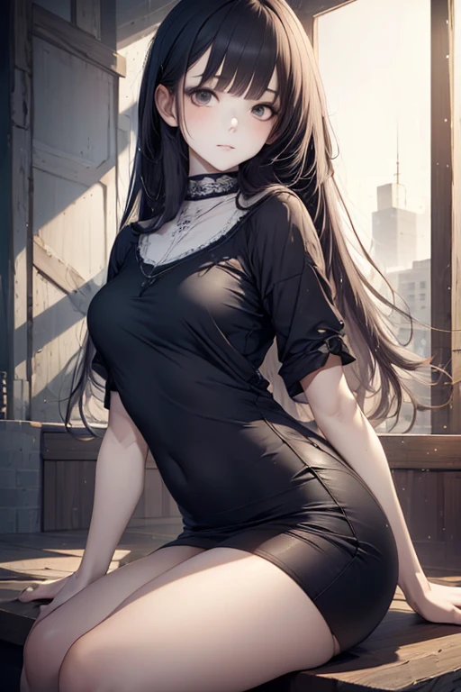 1girl, rebel and casual outfit, long hair with bangs, beautiful detail eyes, proportional figure, (from side:0.8), (sensual, sitting, full shot), (stylized:1.3), (Highly detailed), (high resolution), (Best quality), (masterpiece)
