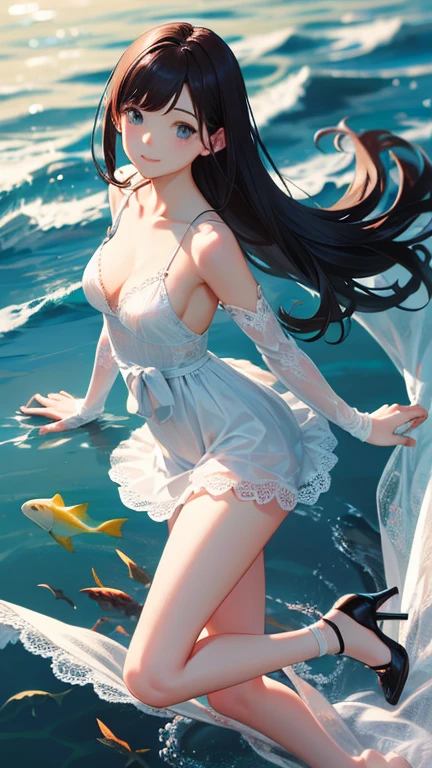 masterpiece, highest quality, One girl, View your viewers, Small waist, RAWphotograph、Accurate fingertips、 Ultra-realistic, High resolution, photograph, Sharp focus, Most detailed, Very detailed, Super detailed, In detail, Very detailed目と顔,Very detailed手と指、Idol、Thighs, beautiful girl,View your viewers, Small waist,Symmetrical face, whole body、Light knitted clothing、No sleeve、Mermaid Skirt Skirt、White lace knee socks、Large Breasts、Beautiful clavicle、Long Hair、Shyness、Happy expression、High heels