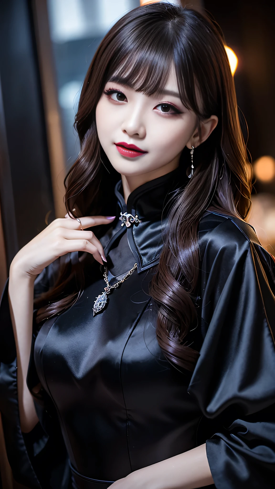 best quality、ultra-detailed、4k、Japanese、Seductive beauty、seductive adult woman、Pretty Woman、cool girl、Villainess、Brainwash、Fallen into evil、smirk、Evil look、Wicked Smile、evil、Brown hair、wavy hair、swept bangs、dark makeup、dark makeup、piercing eyes、hollow eyes,half-closed eyes、Hollow Eyes、Purple Eyeshadow、black lipstick、black lipglos、Long Black Cheongsam、Wide sleeves、night、inside darkroom、Makeup Brushes、Emblem of Evil、Crest of Darkness、Swear allegiance、I have pledged my allegiance、Dye black、Blackening、Stained with evil、Dyed in darkness、Seduce