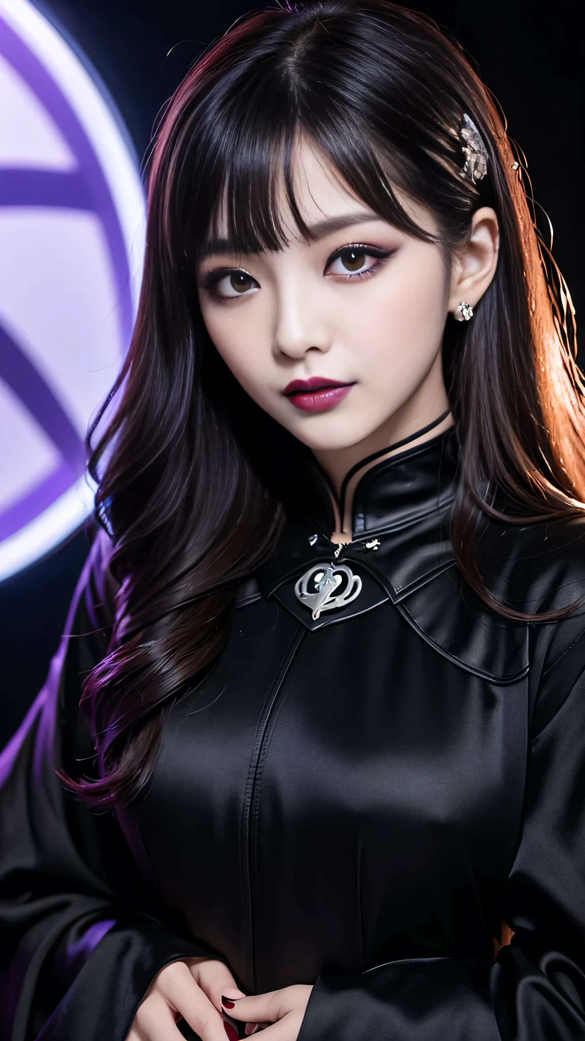 best quality、ultra-detailed、4k、Japanese、Seductive beauty、seductive adult woman、Pretty Woman、cool girl、Villainess、Brainwash、Fallen into evil、smirk、Evil look、Wicked Smile、evil、Brown hair、wavy hair、swept bangs、dark makeup、dark makeup、piercing eyes、hollow eyes,half-closed eyes、Hollow Eyes、Purple Eyeshadow、black lipstick、black lipglos、Long Black Cheongsam、Wide sleeves、night、inside darkroom、Makeup Brushes、Emblem of Evil、Crest of Darkness、Swear allegiance、I have pledged my allegiance、Dye black、Blackening、Stained with evil、Dyed in darkness、Seduce