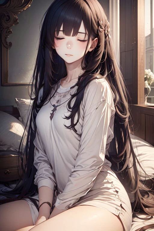 1girl, rebel and casual outfit, long hair with bangs, beautiful detail eyes, proportional figure, (from side:0.8), (sensual, sitting, taking a nap, full shot), (stylized:1.3), (Highly detailed), (high resolution), (Best quality), (masterpiece)
